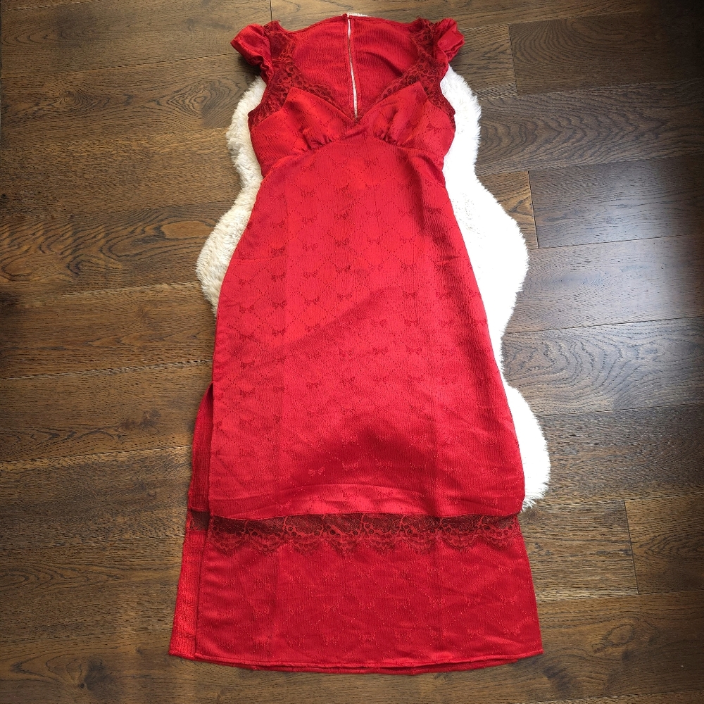 Free People Foolish Heart Bow-Pattern Lace Red Midi Dress - Picture 3 of 13